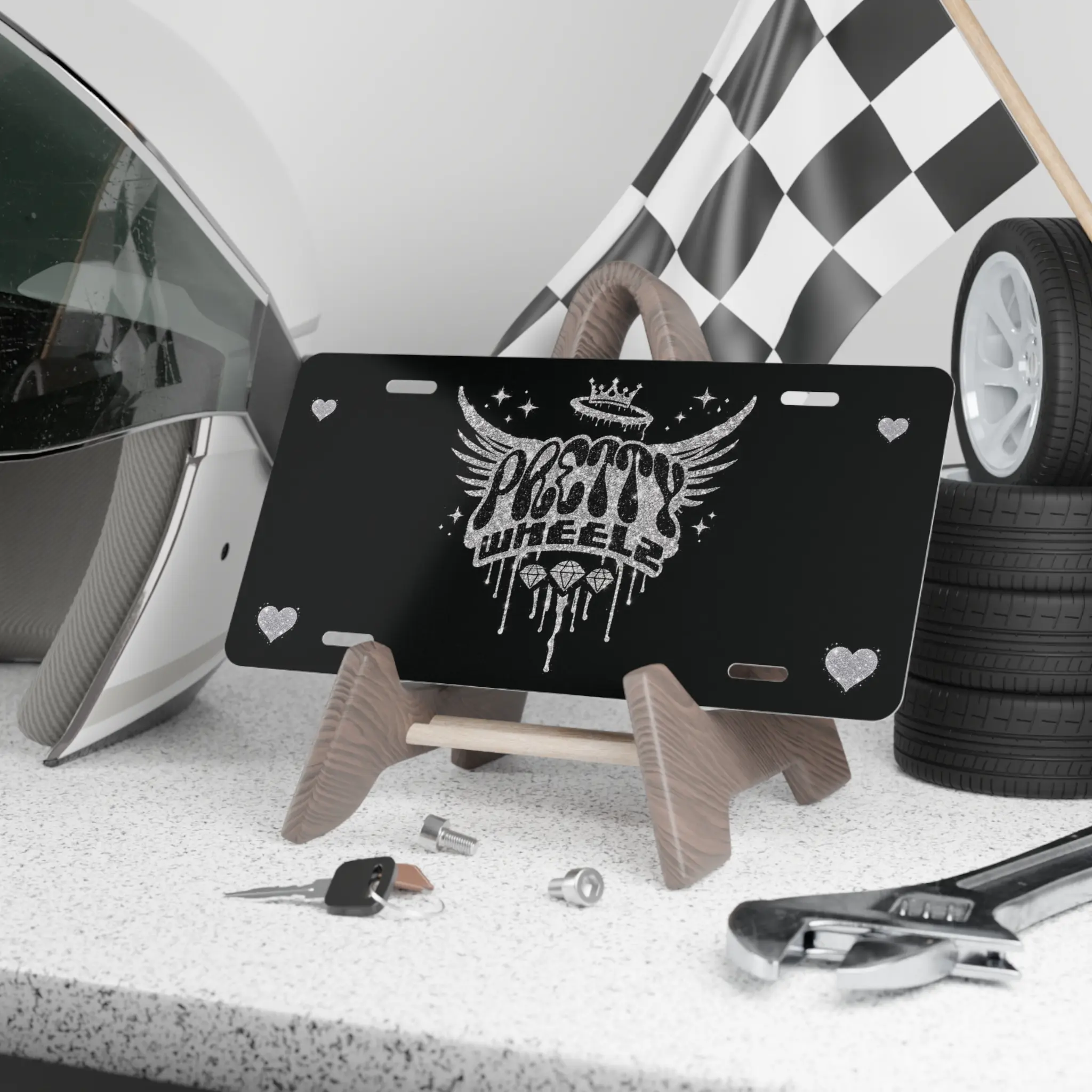 Silver Glitter 'Pretty Wheelz' black Vanity Plate
