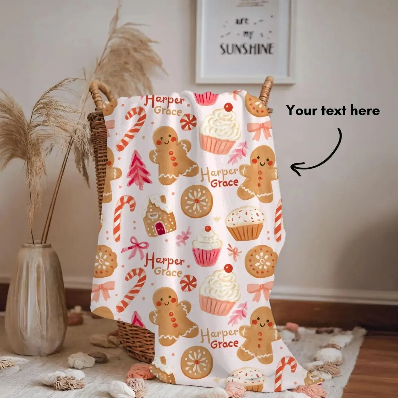 Personalized Gingerbread Cookie Blanket | Pink Christmas Baking Throw (Custom Name)