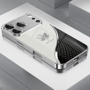 Tech-inspired curved silver maple leaf pattern electroplated high-definition glass phone case for iPhone 17 16 15 14 13 12 11 pro max, stylish protective case, luxurious glass case, suitable as a gift for friends and couples