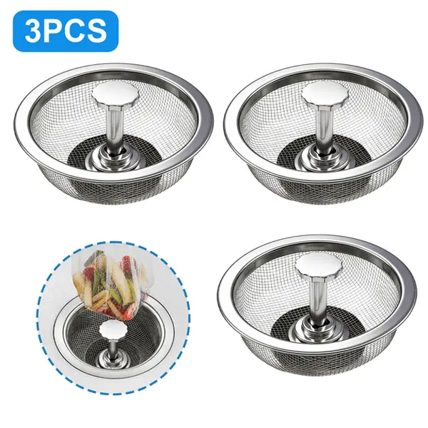 3-Pack Stainless Steel Sink Strainer with Stopper, Fine Mesh Drain Filter, Multi-Function Basket for Standard Kitchen Sinks (Drain Protector for Home & Bathroom Use)