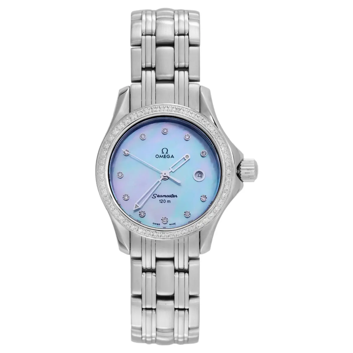 WA.OMEGA Seamaster 28mm Quartz Ladies Watch, Blue Mother-of-Pearl Dial, Stainless Steel, Aftermarket Diamond-Set WHT026708 Joyce