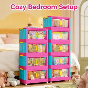 Large-capacity 4–5-tier storage cabinet, dopamine pink plastic storage tower, multi-layer storage cabinet suitable for bedrooms and living rooms, thickened and sturdy stackable wardrobe/closet storage unit with handles/wheels—an ideal choice for women’s a