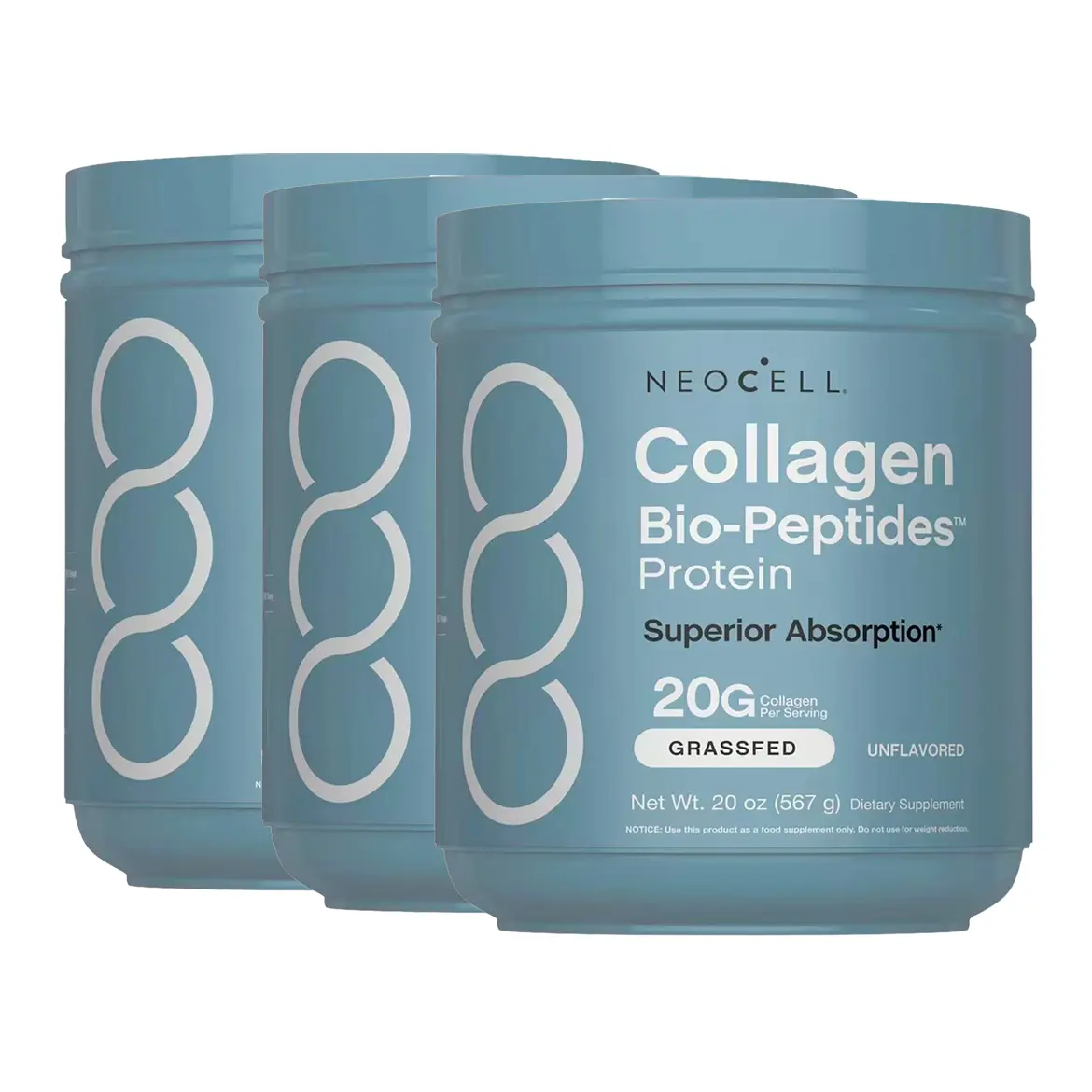 3 PACK NeoCell Collagen Bio-Peptides Powder 20oz - Grassfed Protein Supplement - Advanced with 18 Essential Amino Acids