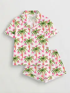 Women's Tropical Coconut Tree Printed Sleepwear Set, Loungewear, Pajama, Pjs, Short Sleeve Button-Up Top & Elastic Shorts, Casual Home Wear, All Seasons, Womenswear