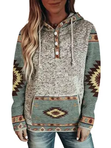 Women's Southwestern Aztec Print Henley Hoodie, Heathered Beige Contrast Tribal Pattern Pullover Sweatshirt with Kangaroo Pocket & Drawstring for for Daily Holiday Outdoor Wear