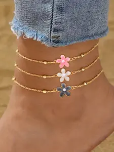Women's Floral Stainless Steel Anklet Bracelet, Chain Design, Casual All-Season Footwear Accessory