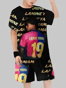 Barcelona Yamal 19 Number Full Print Fitted Short Sleeve Set, Football Blue Color Block Jersey Shorts Two-Piece, Summer Fanwear, Soccer Jersey Outfit