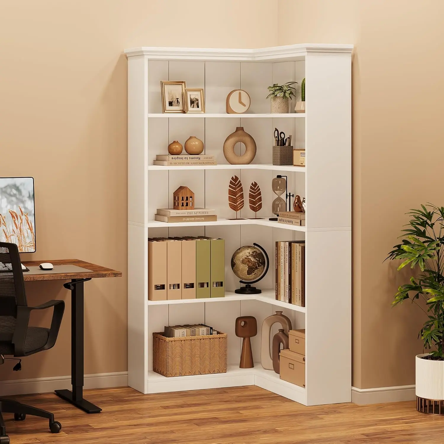 72.8in H 5-Tier L-Shaped Pine Farmhouse Corner Shelf - Commercial Office Furniture, Storage Organizer with Adjustable Shelf Heights, Removable Back Panel, Stain-Resist Matte & Easy Wipe Finish, Reinforced Steel, Tall Plant Fit, Assembly Required, Open Bac