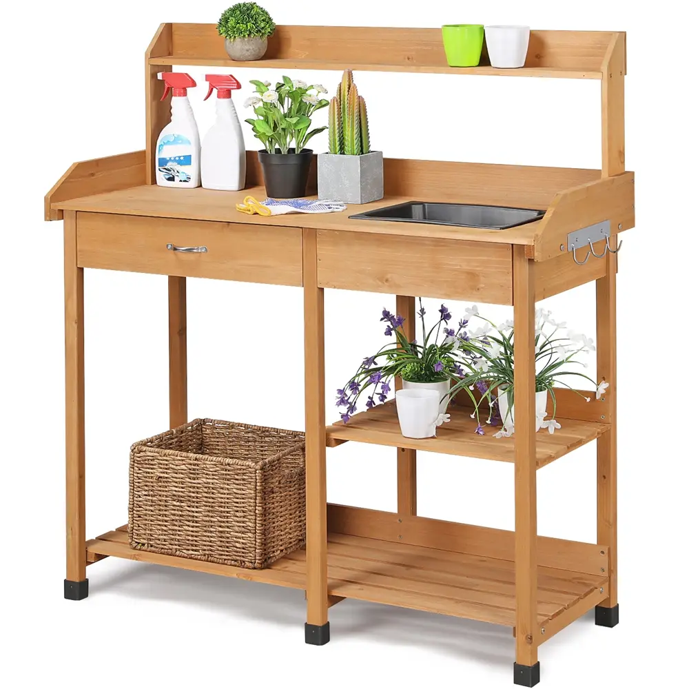 Yaheetech Solid Wood Outdoor Potting Bench - Garden Work Station with Sink, Drawer, Rack, Shelves & Stand for Horticulture Organizing