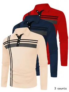 Men's Casual Long Sleeve Polo Shirt Set of 3, Rich Colors, Striped Pattern Design, Perfect for Daily Wear, Spring & Fall Fashion