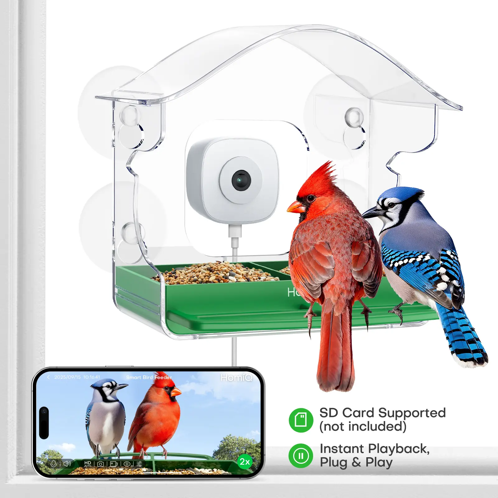 HomiQ AI Smart Birdwatching Device 2K HD 3MP Window Glass Camera with 2.4G&5Ghz WiFi Auto AI Birds Capture 24/7 Events Recording Starlight Night Vision Anti-Glare Reflection for Bird Lovers