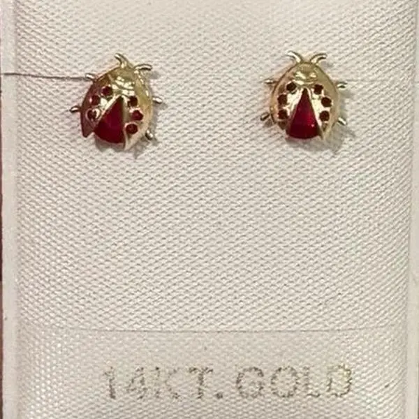 14k Gold Earrings - Ladybug in Red, 14K T. Gold, Elegant Design