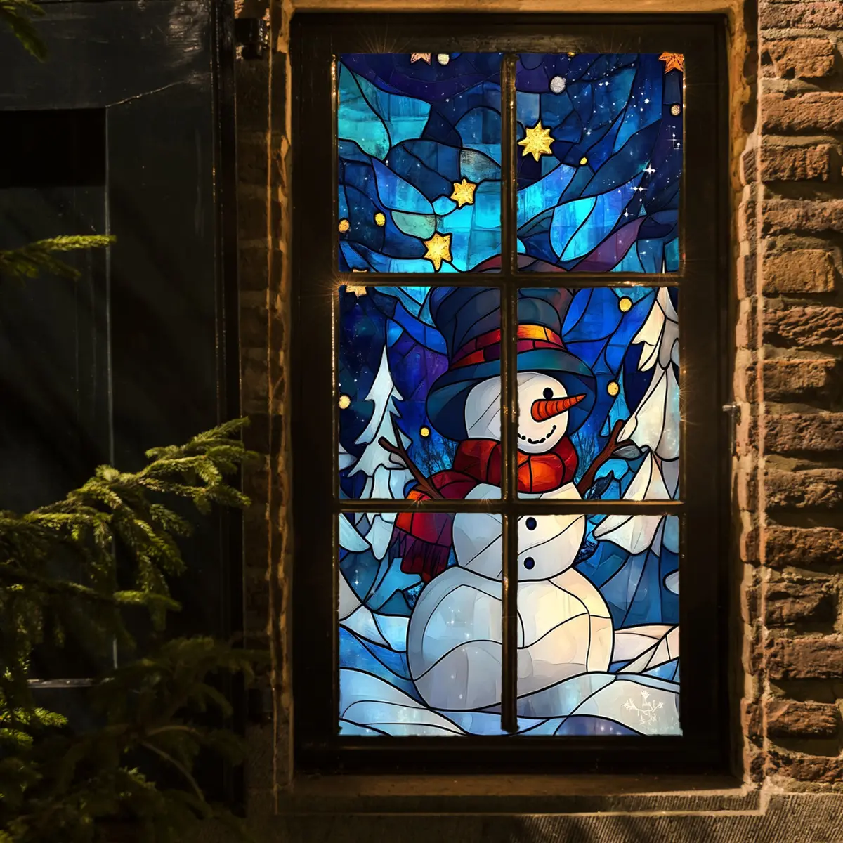 Static Cling Christmas Snowman Window Film, 45x100cm Oil Painting Style Holiday Decoration, Light Blocking Glass Sticker for Living Room Bedroom, Decorative Stickers