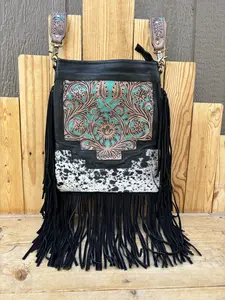 Large Tooled Leather & Cowhide Fringe Crossbody!