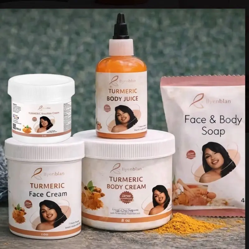 Byenblan Daily Gentle Turmeric Skincare Set - 8oz Body Cream, 4oz Face Cream, 4oz Smoothie, 2oz Knuckle Treatment, 7oz Face & Body Soap