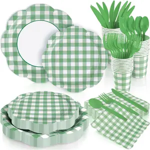 168Pcs Green Gingham Scalloped Checkered Disposable Paper Plates Set with Napkins Cups Plastic Cutlery for Birthday Wedding Baby Shower Spring Party