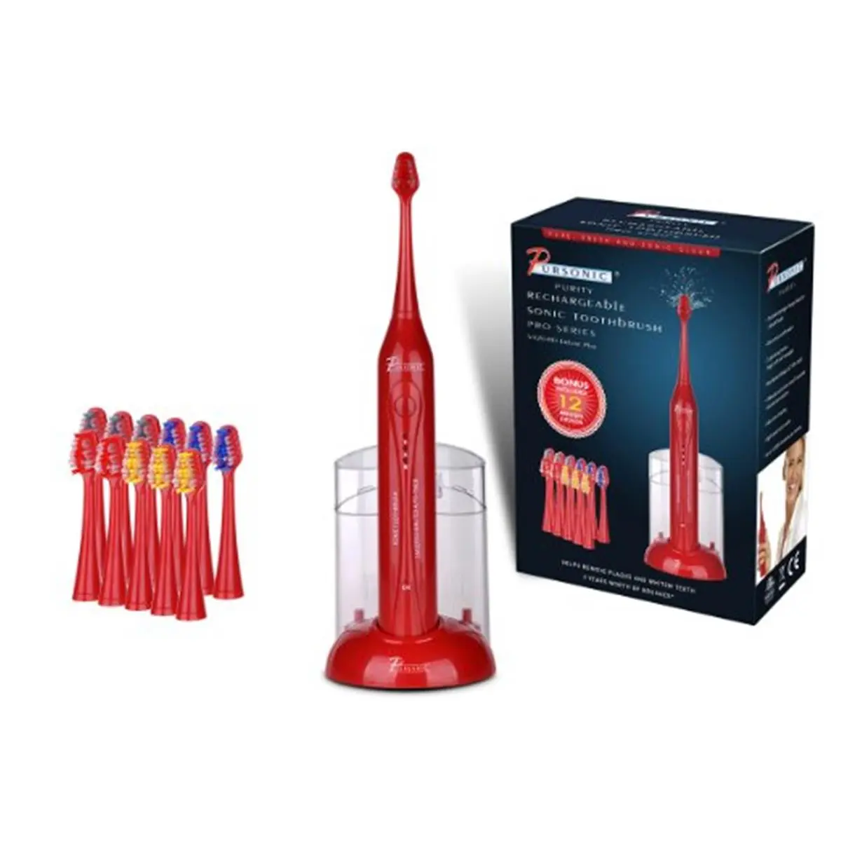 PURSONIC Rechargeable 40,000 SPM Vibrating Pet Toothbrush for Dogs & Cats - Bonus 12 Replacement Heads, Red Grooming Supplies with Oral Care Accessory, Bonus 12 Brusheads, Vibrates