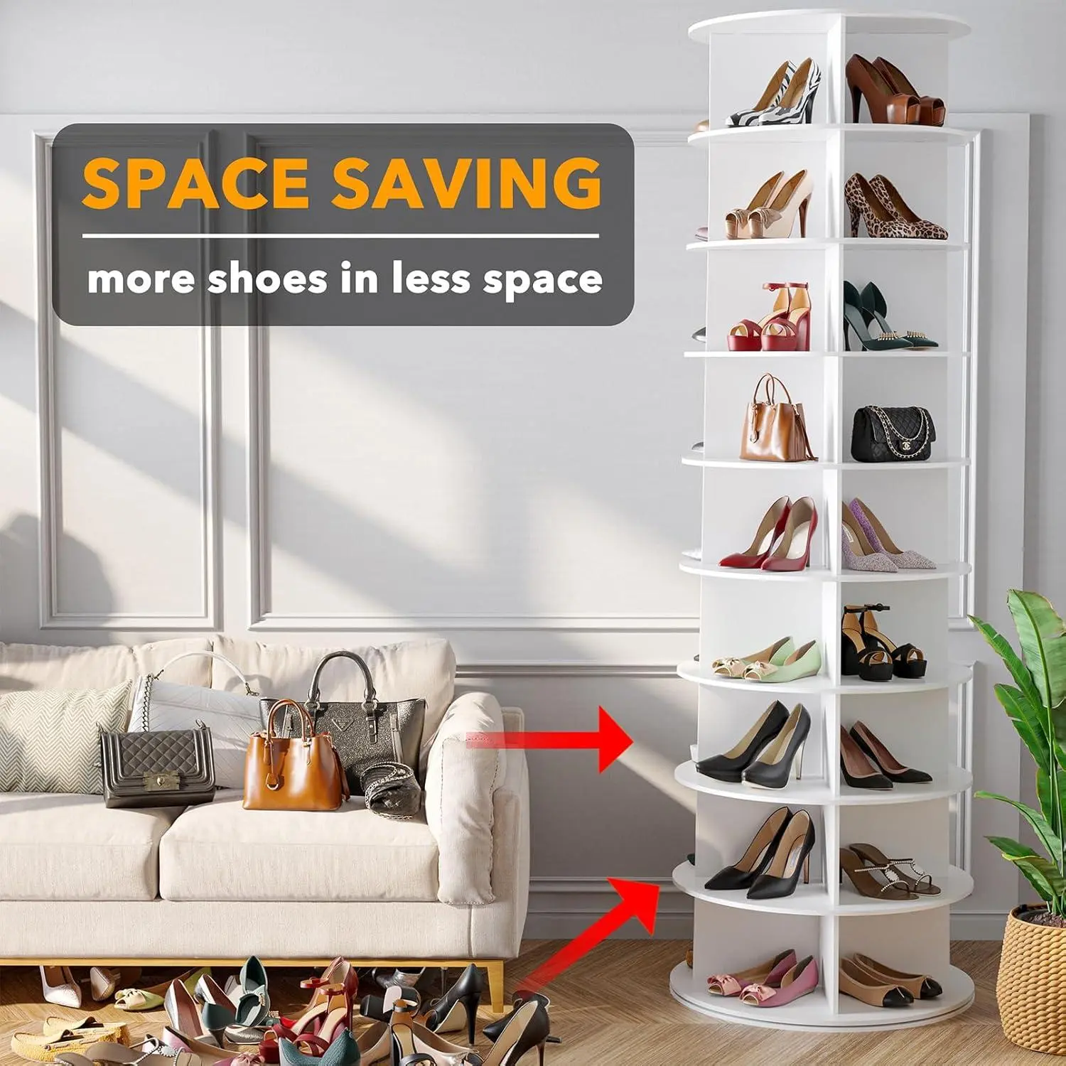 9 Tiers Rotating Shoe Rack Tower, 360° Spinning Shoe Rack, Revolving Storage Round Carousel Display, Freestanding Lazy Susan Organizer Display for Bedroom, Living Room, Entryway, Closet, White