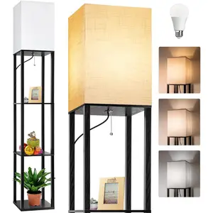 SERBASIC Modern Square Standing Floor Lamp with Shelves, 3-Color Temperature Bulbs, Corner Display Function, US Plug, Ideal for Living Room, Bedroom Lights