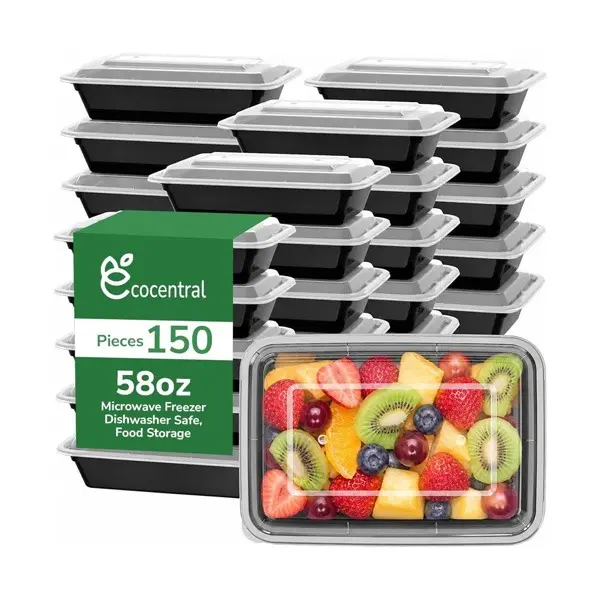 EcoCentral Meal Prep Containers Reusable, 32 oz, Black, Plastic, Leakproof, Microwave Freezer Dishwasher Safe, Food Storage Pans with Easy Open Lids