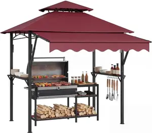 Gaomon 8x5 ft Grill  with Extra Large 7x3 ft Awning, 2-Tier BBQ  with Shelves, Hooks & LED Lights, Metal Frame Outdoor Grill Canopy for Backyard Garden Poolside stand outside waterproof Sturdy Khaki Patio Gazebo heavy-duty hardtop umbrella solar powered