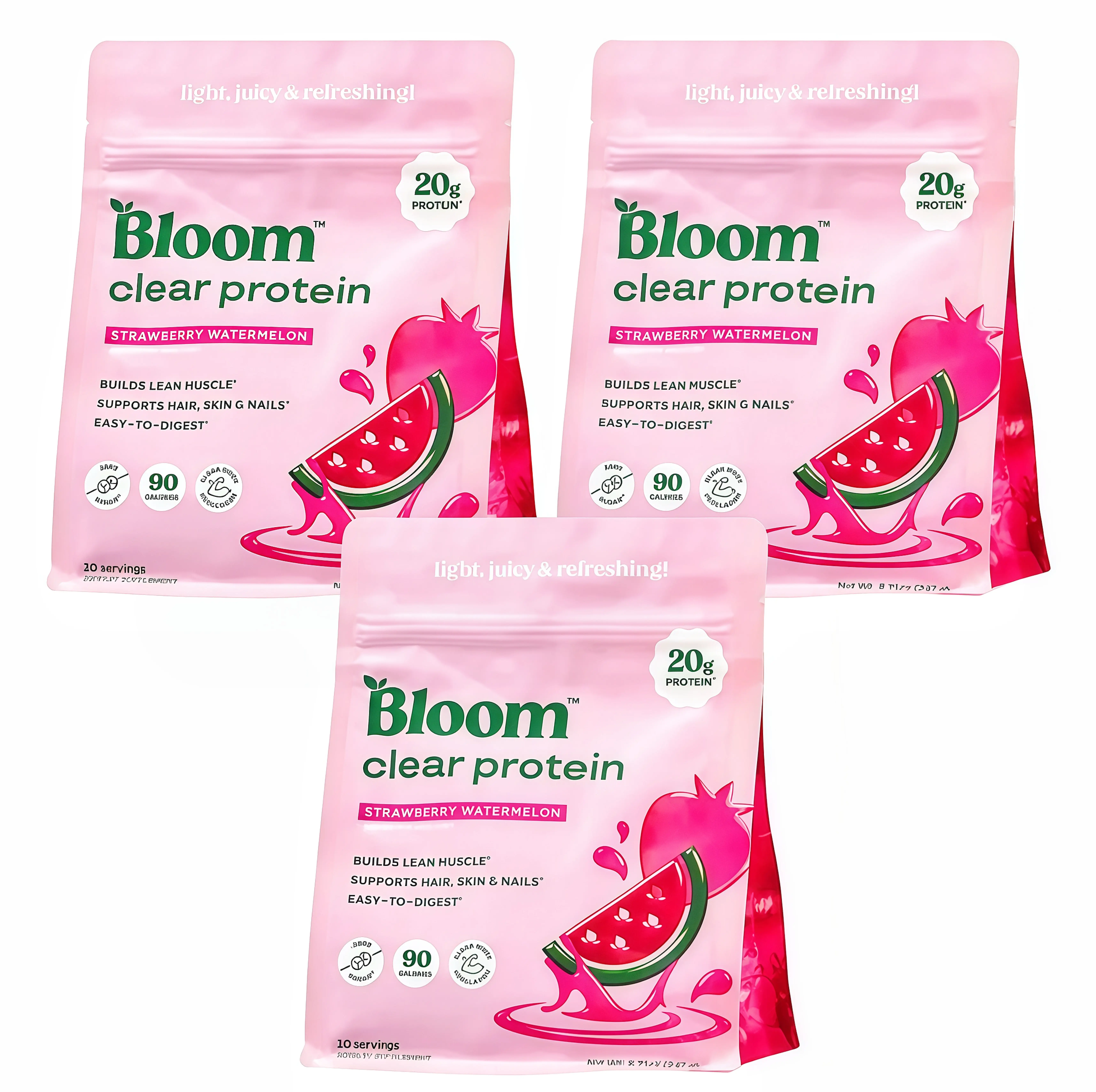 3 Pack Bloom Nutrition Clear Protein Powder,GT Strawberry Watermelon Flavor, 20g Whey Collagen Protein, Zero Sugar, 90 Calories, 10 Servings