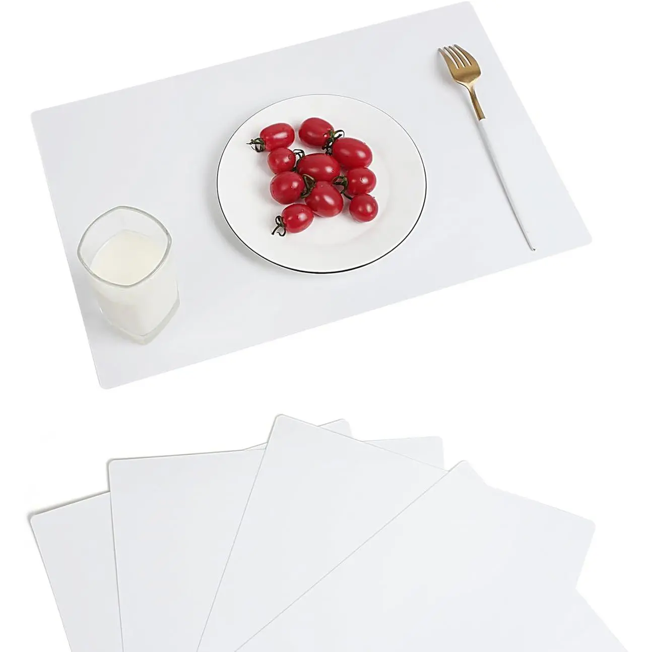 White Solid Rectangle Plastic Placemats (4-Piece, 11x17 in/28cmx43cm) - Waterproof, Durable, Leak-Proof, Wipeable, Easy-Clean, Heat-Resistant Tableware Mats for Indoor & Outdoor Use (No Printing)
