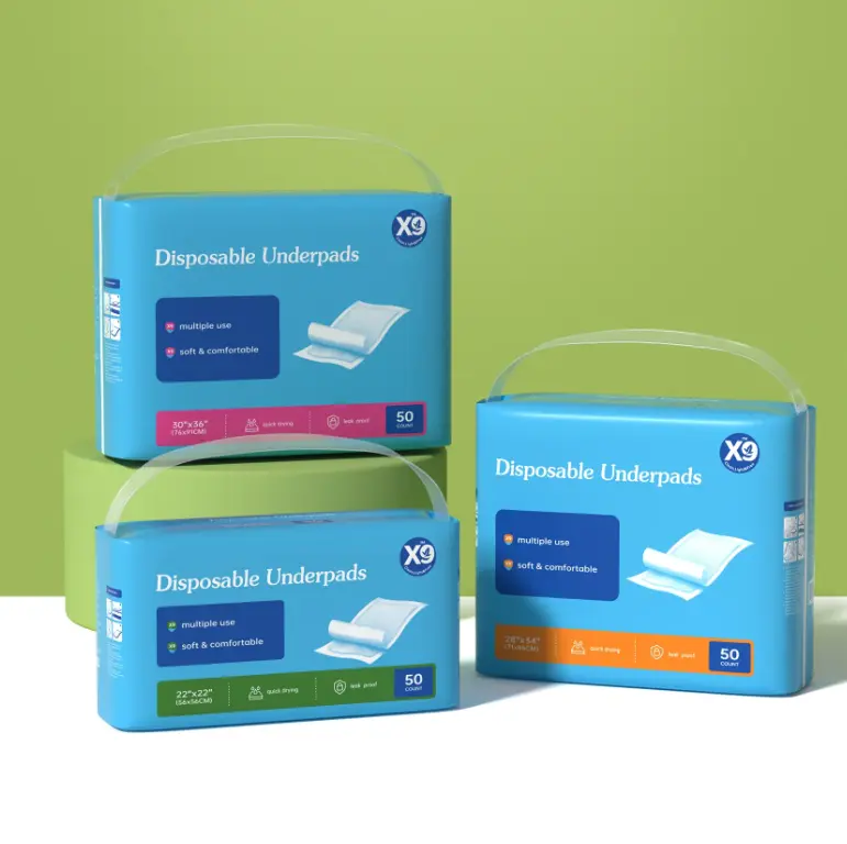 X9 Disposable Incontinence Bed Pads, Super Absorbent with Cellulose, Non-Woven Fabric, Polyethylene & Super Absorbent Polymer, Fragrance-Free Chlorine-Free for Elderly, 3 Sizes (56x56 cm, 76x91 cm), 50 Pads/Pack, Suitable for All Skin Types