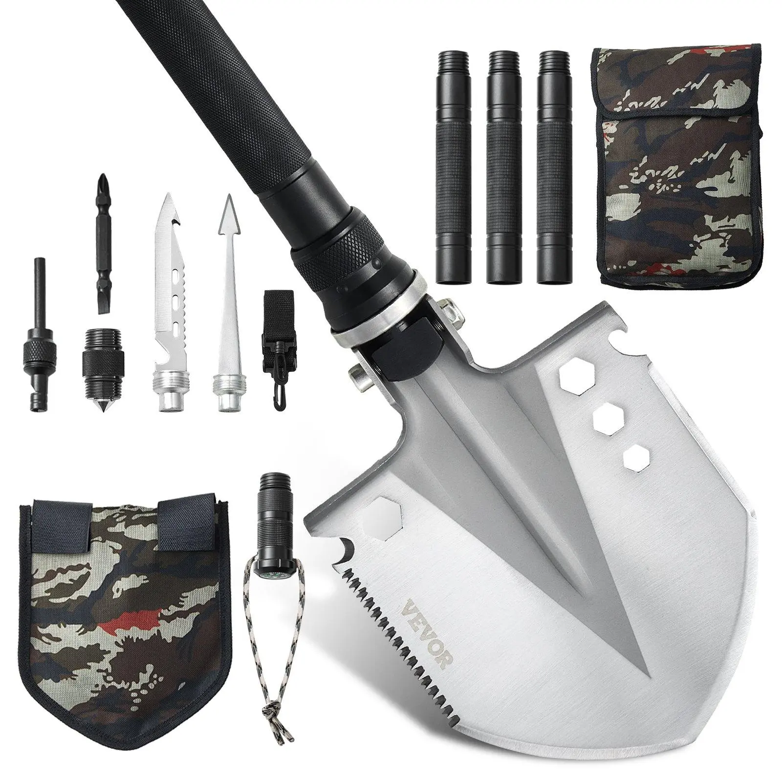 Father's Day Gifts 13-in-1 Folding Survival Shovel, Stainless Steel Heavy-Duty Retractable Multitool, Portable Compact Survival Equipment for Outdoor Adventure & Emergency Use