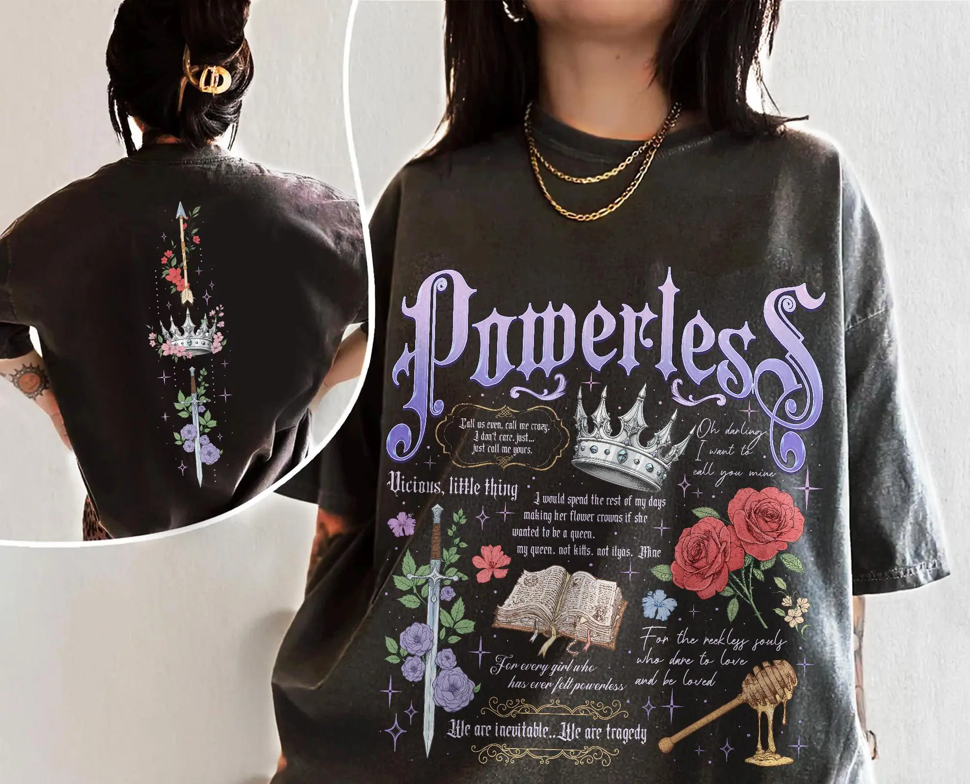 Comfort Colors Vintage Powerless Bookish T-Shirt, Fearless Shirt, Gift For Bookworms, Kai Azer I Love You Womenswear 2-Sided Top