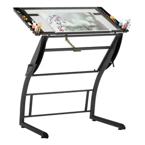 Triflex® Adjustable To Standing Height Craft, Drawing, Drafting Table with 35" Wide Glass Angle Adjustable Top- Black/Clear Glass 10088
