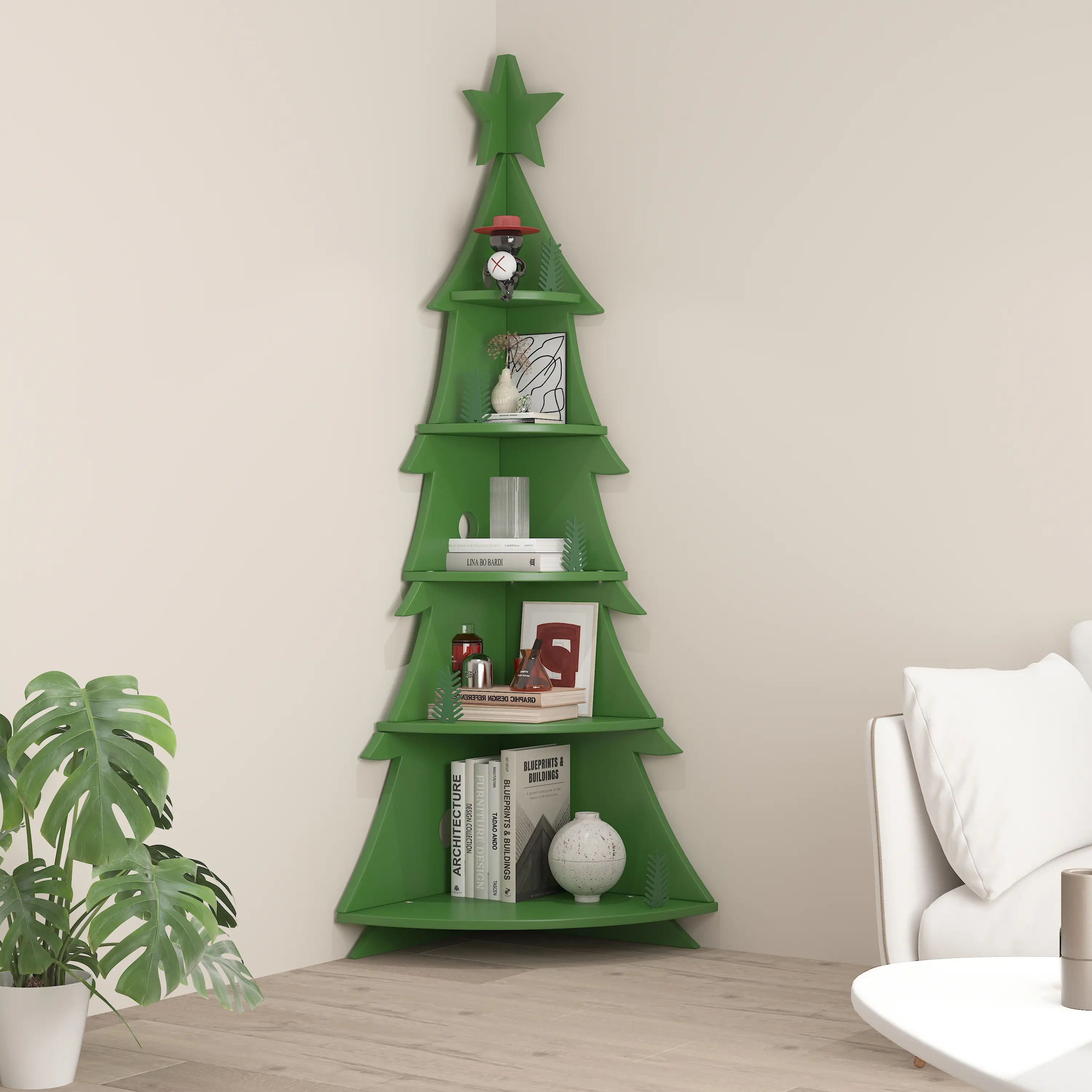 Christmas Tree Corner Bookshelf & Storage Organizer - Multi-Functional Holiday Décor for Home, Office, Living Room, Bedroom, Space-Saving Design with Star Topper, Perfect for Books, Ornaments, Gifts, and Seasonal Décor