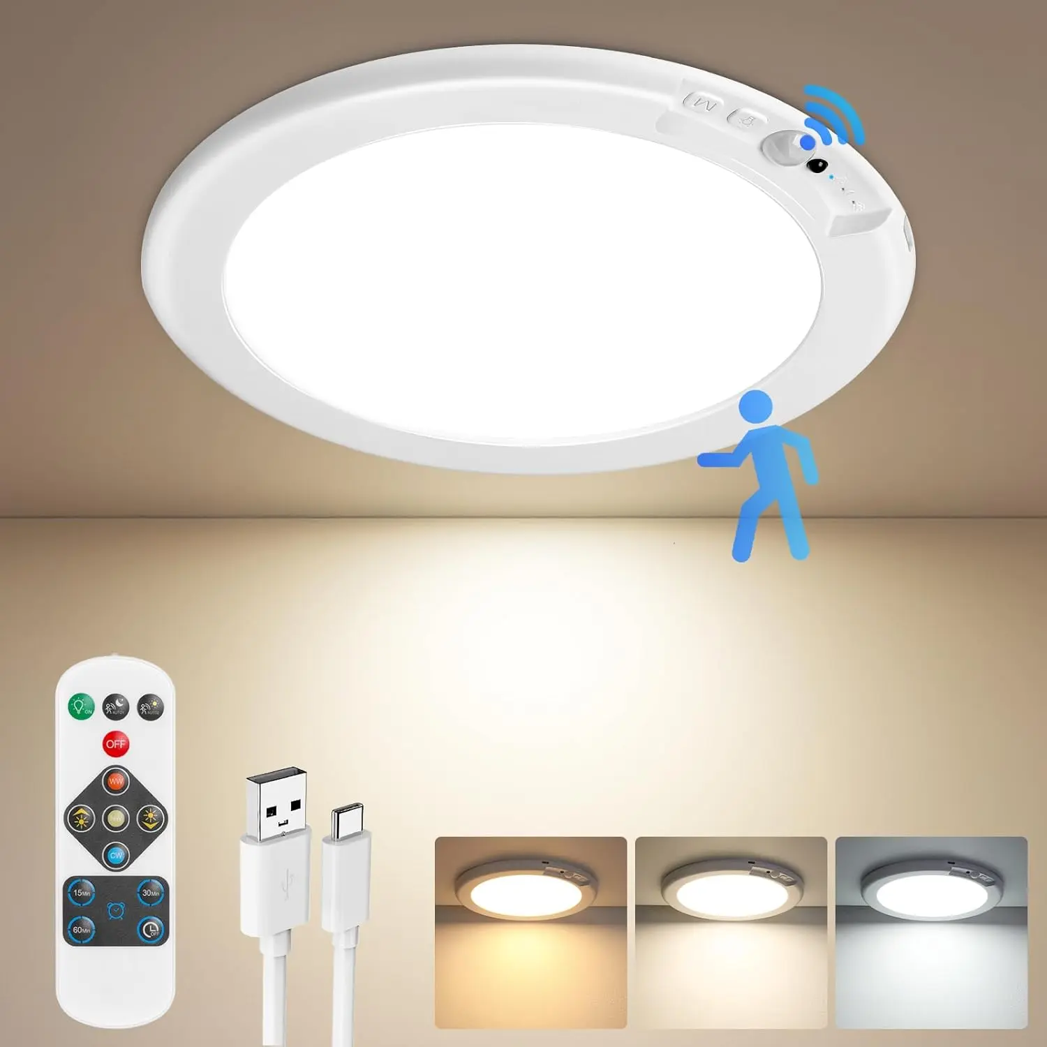 Rechargeable Motion Sensor Ceiling Light with Remote, Battery Operated Closet Light No Wiring, Wireless LED Shower Lights, Dimmable Indoor Overhead Lamp for Closet Shower Pantry Shed Hallway