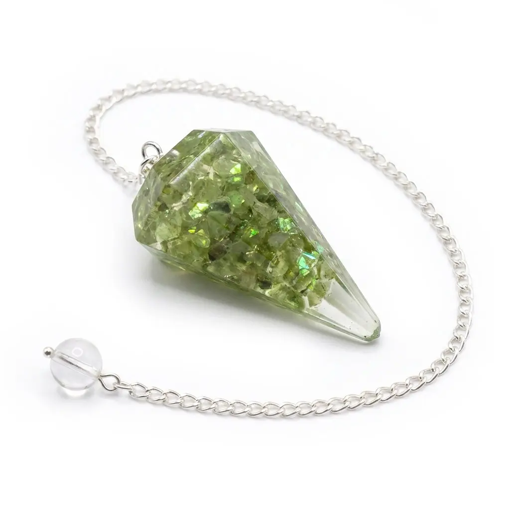 Peridot Orgone Pendulum — Green Crystal Dowsing Tool with Silver Chain