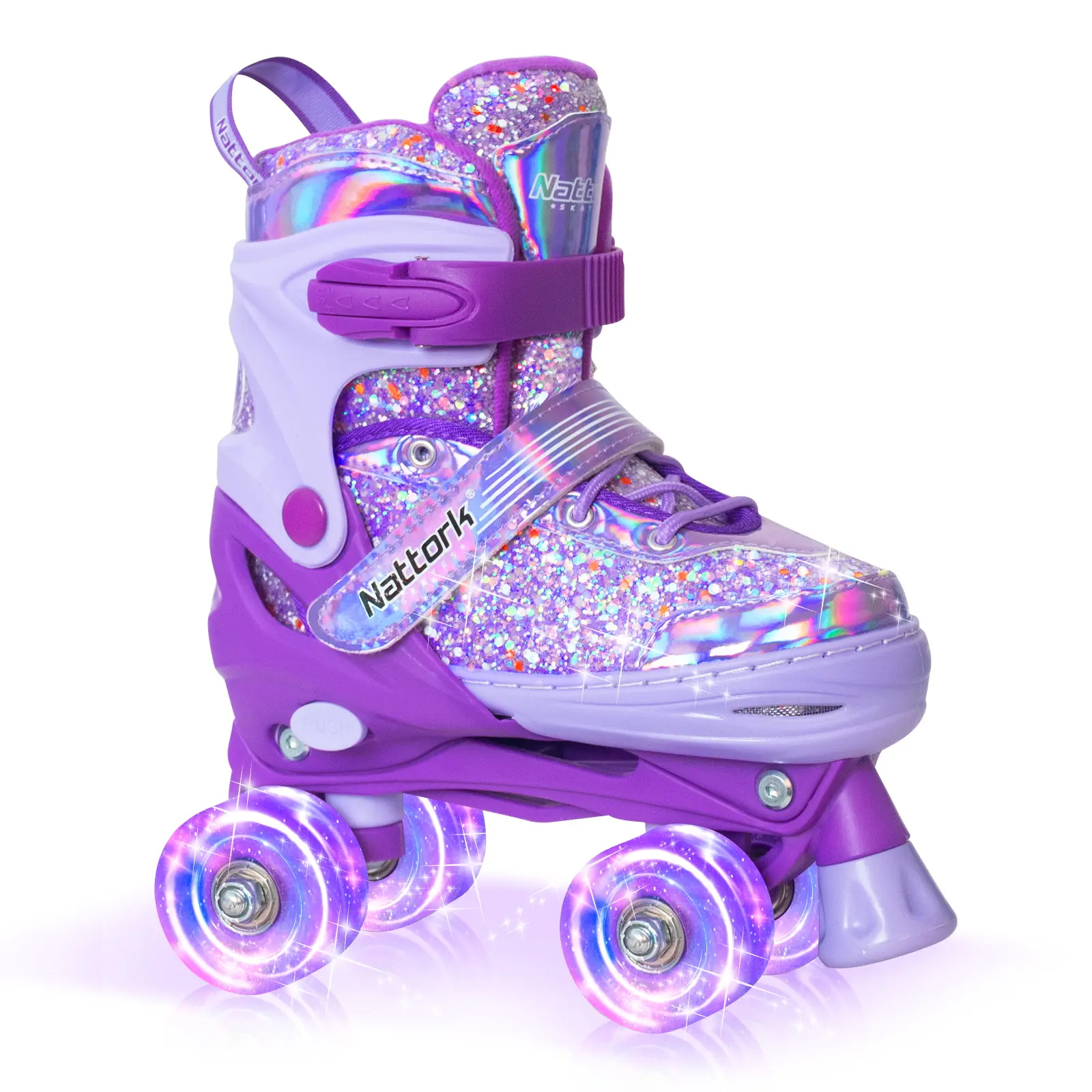 Nattork Adjustable 4-Wheel Design Roller Skates for Kids - Candy, Sparkly Purple, Four Wheel Design