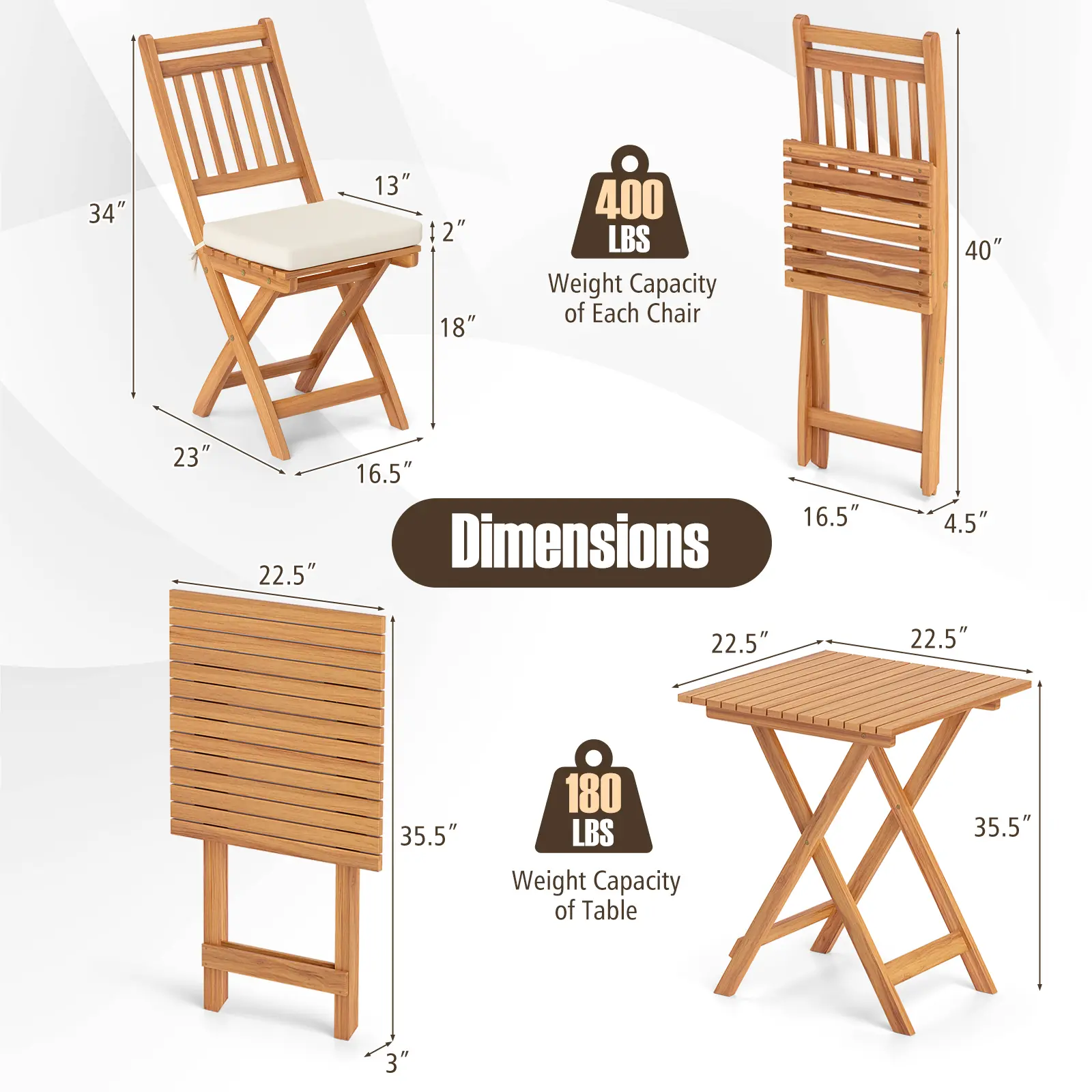 COSTWAY - Outdoor Wood Bistro Set with Soft Seat Cushions and Table-White