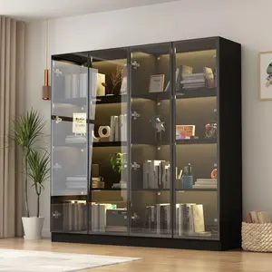 FUFU&GAGA Display Cabinet with Glass Doors and Lights, 4-Tier Storage Shelves, Pop-up Design, Trophy Case Display Cabinet for Collectibles, Display Case Cabinet Black Furniture Decoration