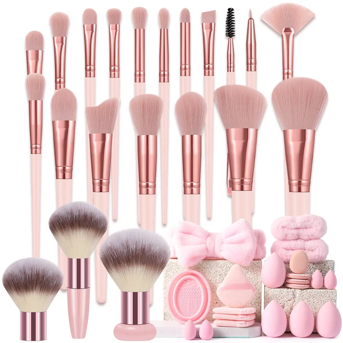 Makeup Tools Set Including:Makeup Brush Set +8PCS Makeup Sponges+9PCS Triangle Powder Puffs+1pc Massage Roller+1pc Guasha Board+1pc Hairband+2PCS Hand Bowl Strap+1pc Brush Cleaning Tool, Durable