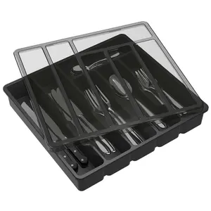 Lifewit Silverware Organizer with Lid, Covered Utensil Tray for Kitchen Drawer and Countertop, Plastic Storage Box for Spoons, Forks, Knives