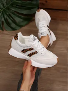 Women's Plus Size New Fashion Round-Toe Lace-Up Leopard Print Thick-Soled Sneakers for Everyday Wear, Simple, Comfortable, Lightweight, Casual Commuting Shoes