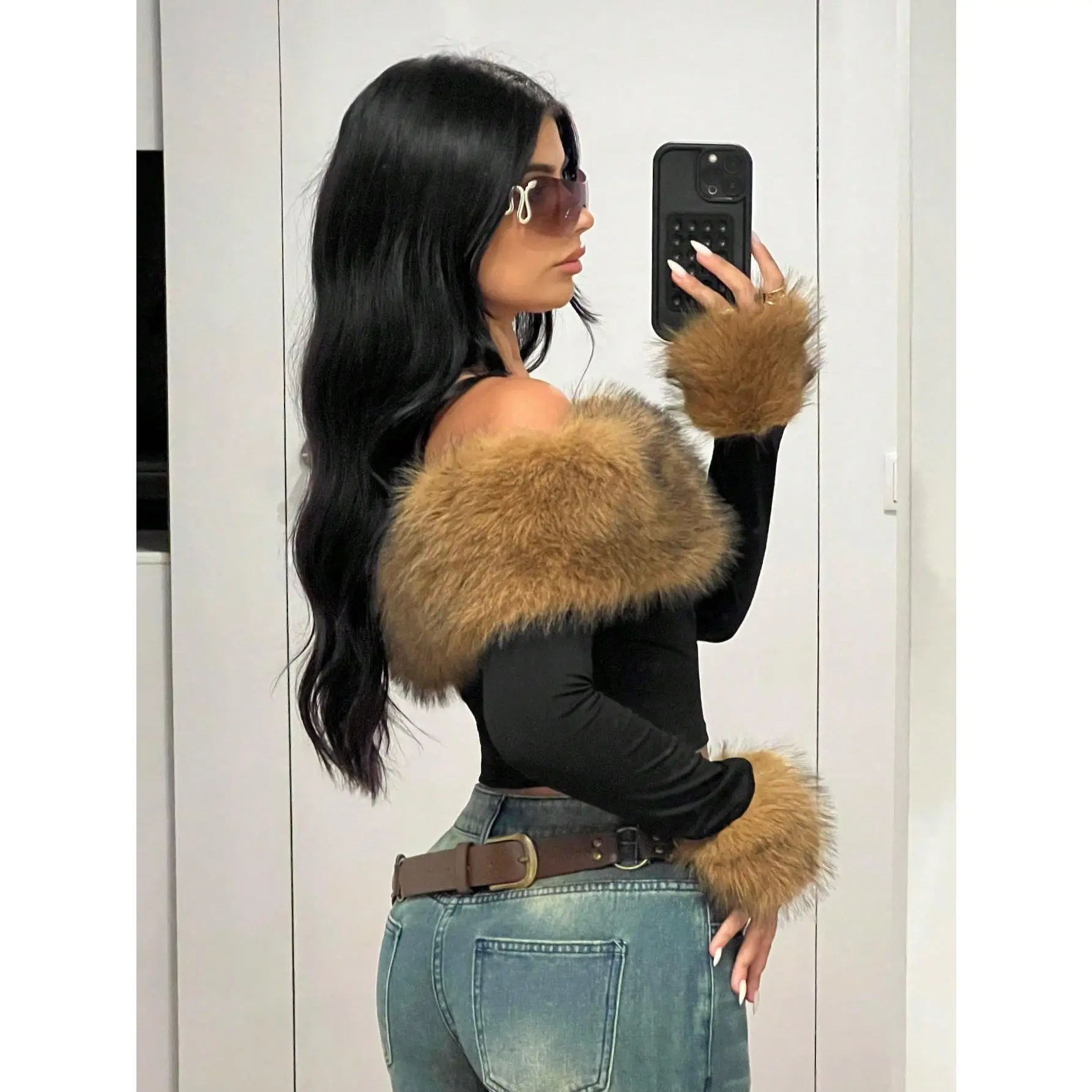Women's Plush Collar Splice Off-Shoulder Long-Sleeve Fitted T-Shirt - Soft, Comfortable, Fashionable, Elegant Autumn/Winter Top, Jeans, Skirt, Longsleeves, Stretchy, Lady, Style, Fluffy, Casual, Everyday