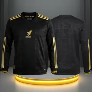 2025 Mexico National Team Home Black and Gold Long Sleeve Soccer Jersey Fans Version