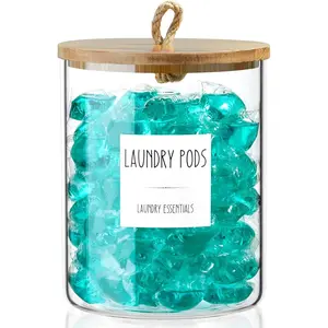 Glass Laundry Pods Container, Half Gallon 2 Liter Laundry Jars with Wood Lids for Laundry Room Organization and Storage, Powder Detergent Holder for Laundry Room Decor and Accessories
