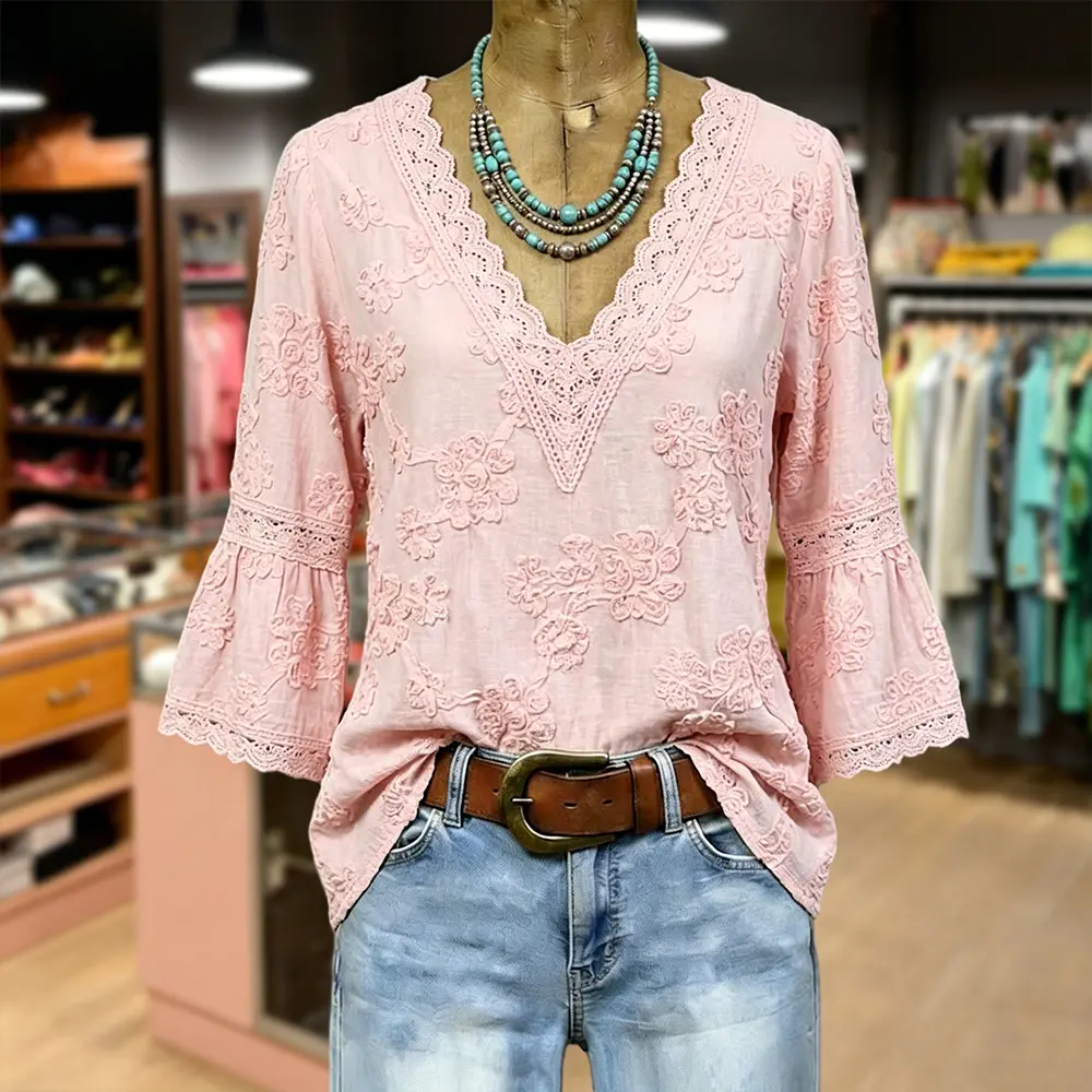 Cherrybetty 100%Cotton Vintage Floral Embroidered V-Neck Lace Patch Cotton Blouse Summer Tops Plussize Cute Tops Summer Clothes Women Women's Summer Outfits