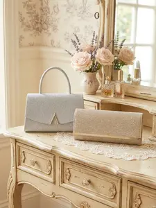 Elegant Glitter Evening Bag Set, Silver Color Top Handle Handbag & Envelope Clutch, Perfect for Weddings & Parties