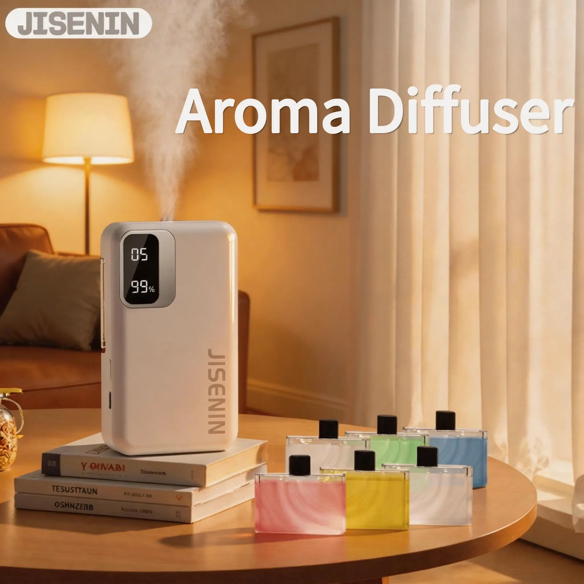 JISENIN Smart Timer Aroma Diffuser—features 7 adjustable settings and timed spraying; an excellent tool for indoor fragrance and odor elimination, effectively removing pet odors; suitable for bathroom deodorization and professional use in hotels.