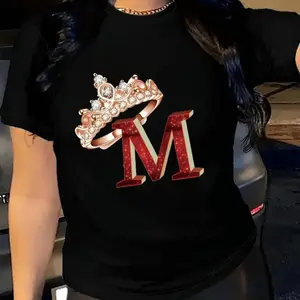 Women's Red Graphic Print T-Shirt - "M" Letter with Crown & Diamond Design, Casual Round Neck Tee for Spring & Fall, Soft Polyester Fabric, Machine Washable, Seasonal Fashion Top|Vibrant Casualwear|Studded Design Shirt