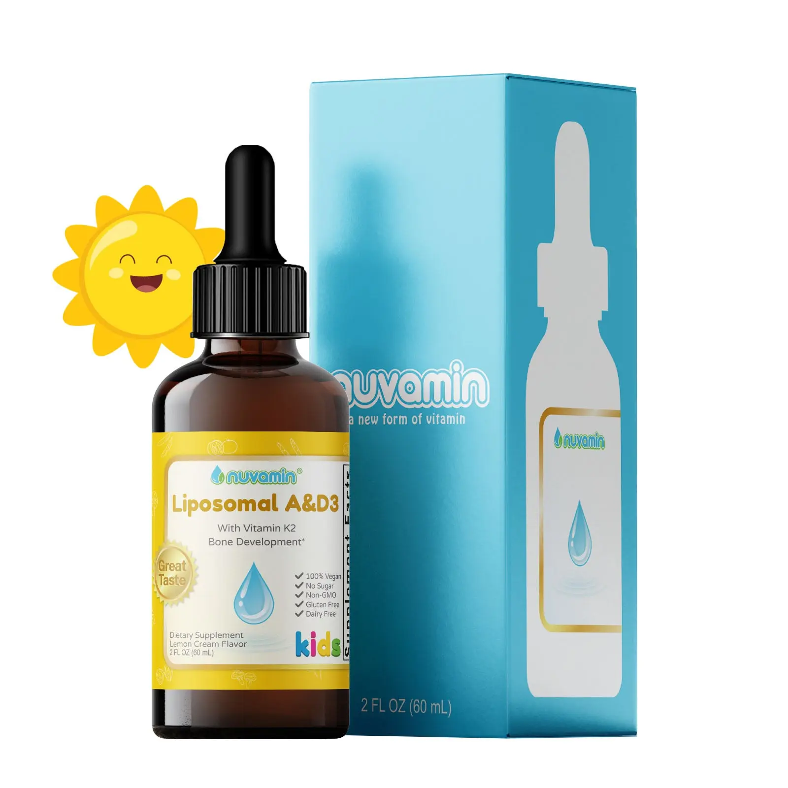 Liquid Liposomal Vitamin A & D3 Drops with K2 for Toddlers Kids & Adults, 800 IU/mL, 2 Fl.Oz (60ml), 120 Daily Serving, Great Taste - All Natural - Superior Absorption, Lemon Flavor