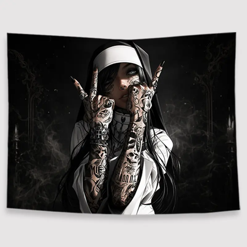 Dark Gothic Nun Print Decorative Tapestry - Lightweight, Removable Black-White Tattooed Female Portrait Fabric Wall Hanging, Moody Home Wall Decor for Bedroom, Gaming Room