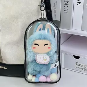 Colorful Transparent Protector Case Organizer Box for 17cm Labubu Plush Dolls Outdoor Display Bag With Keychain Doll labubu Accessories